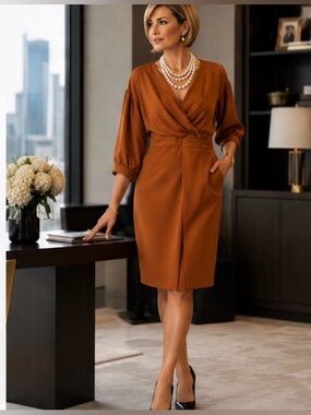 Boohoo Plus Rust Orange Draped V-Neck Midi Dress